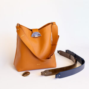 Pack signature Palmire Camel fermoir charmeuse et authentique et bandoulière camel, kaki et bleu