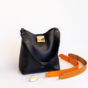 Pack Signature Palmire Noire fermoir Charmeuse et Audacieuse et bandouli_re Noire camel et Orange